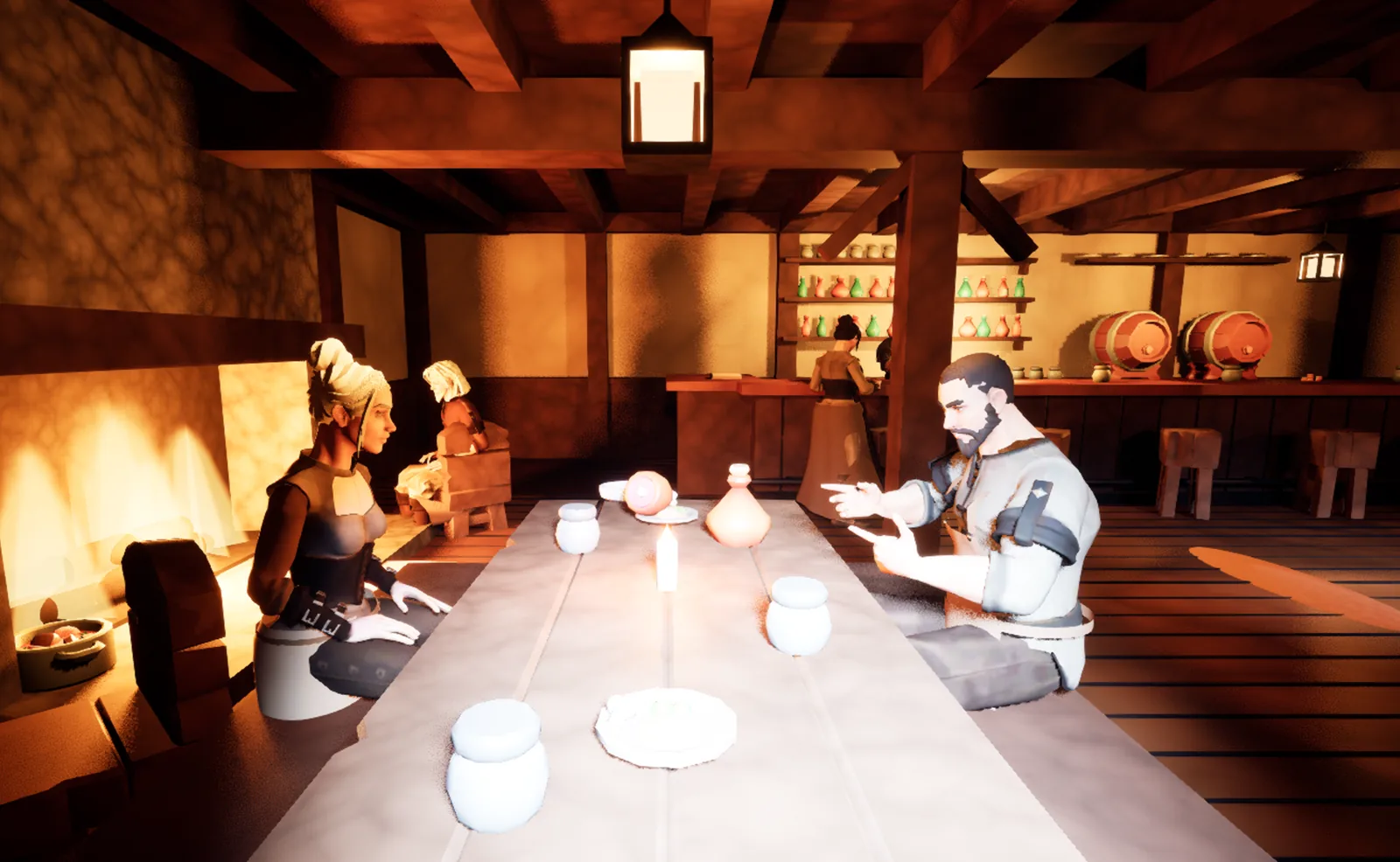 Torven and Meris in conversation at a long table by the fire