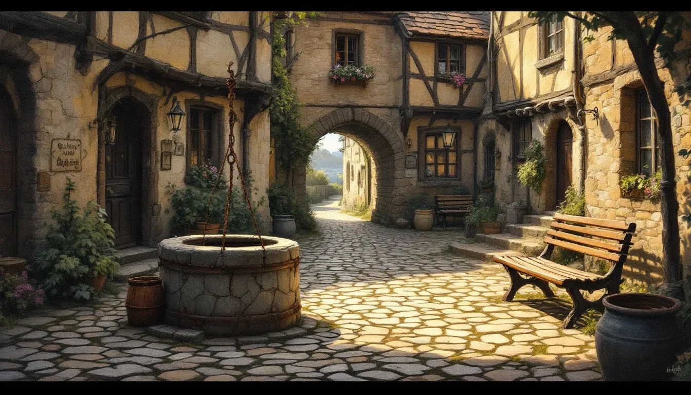 The well square on a bright afternoon